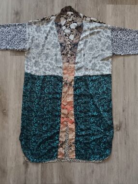Karma Highway Mixed Patchwork Print Kimono Duster OS Satin Open Front Festival